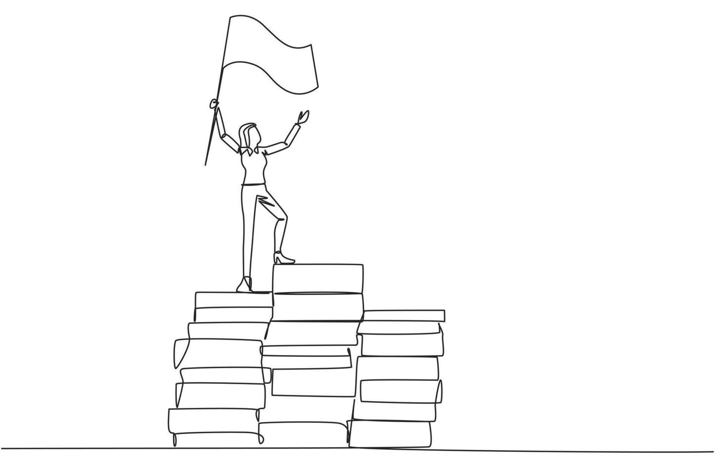 Single one line drawing of businesswoman standing on piles of paper document raising flag. Create business plan with lots of data. Winner even though there is a lot of work. Continuous line design vector