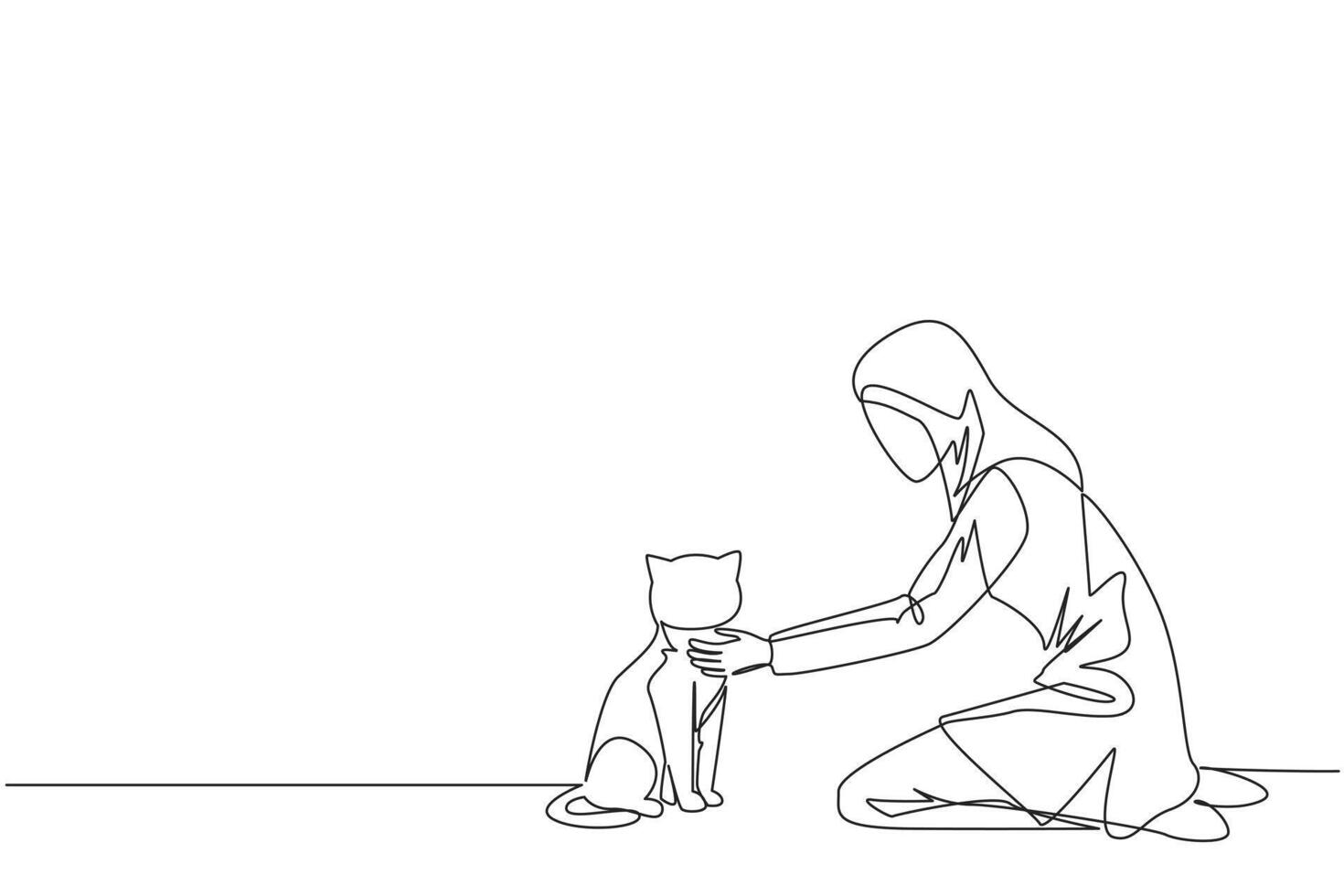 Single continuous line drawing of young Arabian woman hugging hugging her beloved cat. Kneeling, she put her cat on the floor. Stroking her cat and then asked to play. One line illustration vector