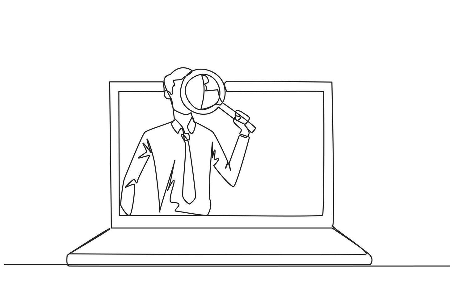Single one line drawing of businessman came out of the laptop screen holding the magnifier. Finding online networking to sustain his business. Relationship. Continuous line design graphic illustration vector