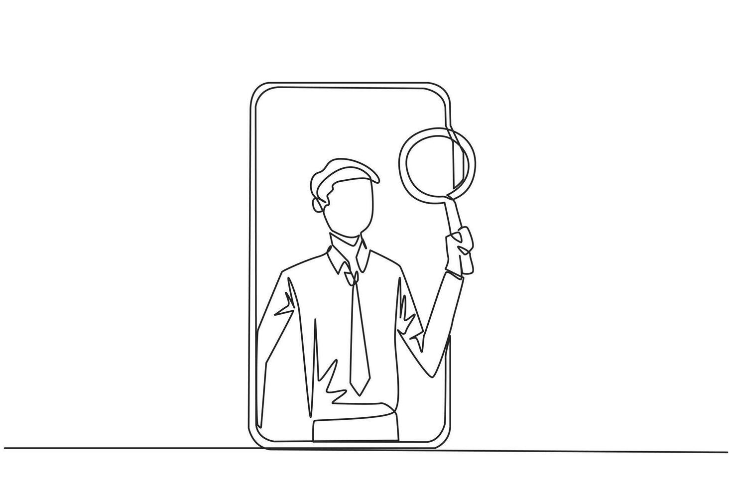 Continuous one line drawing businessman came out of the smartphone screen holding the magnifier. Utilizing internet technology on smartphones to promote business abroad. Single line draw design vector