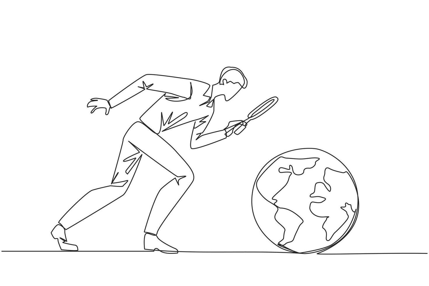 Single one line drawing businessman holding magnifying glass looking at globe. Analyze and map the territory to open the new business. Growing business. Continuous line design graphic illustration vector