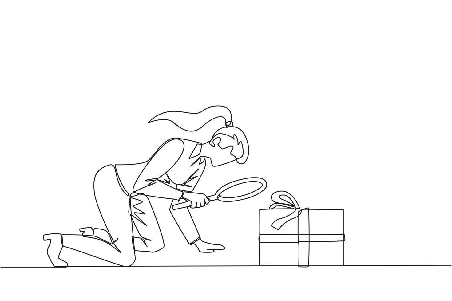 Single continuous line drawing businesswoman holding magnifying glass highlights gift box. Assign bonuses to employees have high dedication to the company. Prize. One line design illustration vector