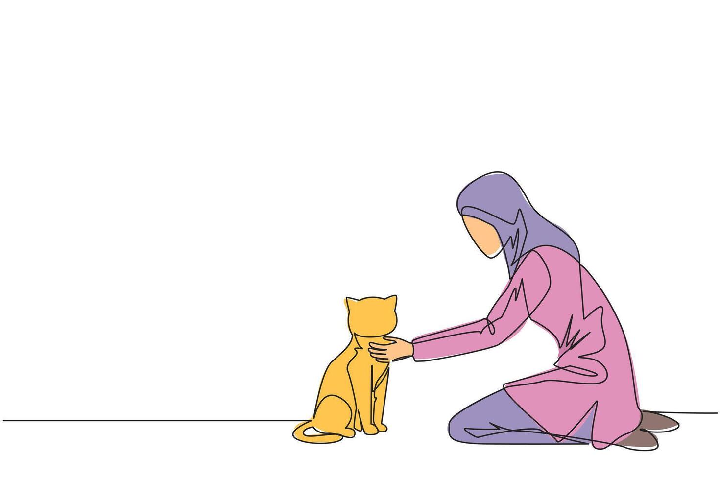 Single continuous line drawing of young Arabian woman hugging hugging her beloved cat. Kneeling, she put her cat on the floor. Stroking her cat and then asked to play. One line illustration vector