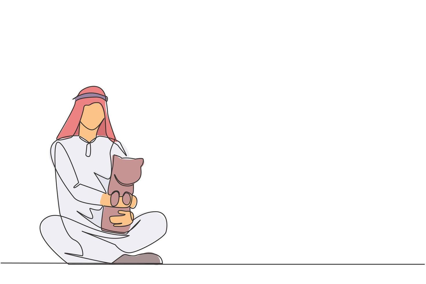 Single continuous line drawing of young energetic Arabian man sitting cross-legged hugging a little cat. Joking with beloved cat is one way to get rid of fatigue. One line design illustration vector