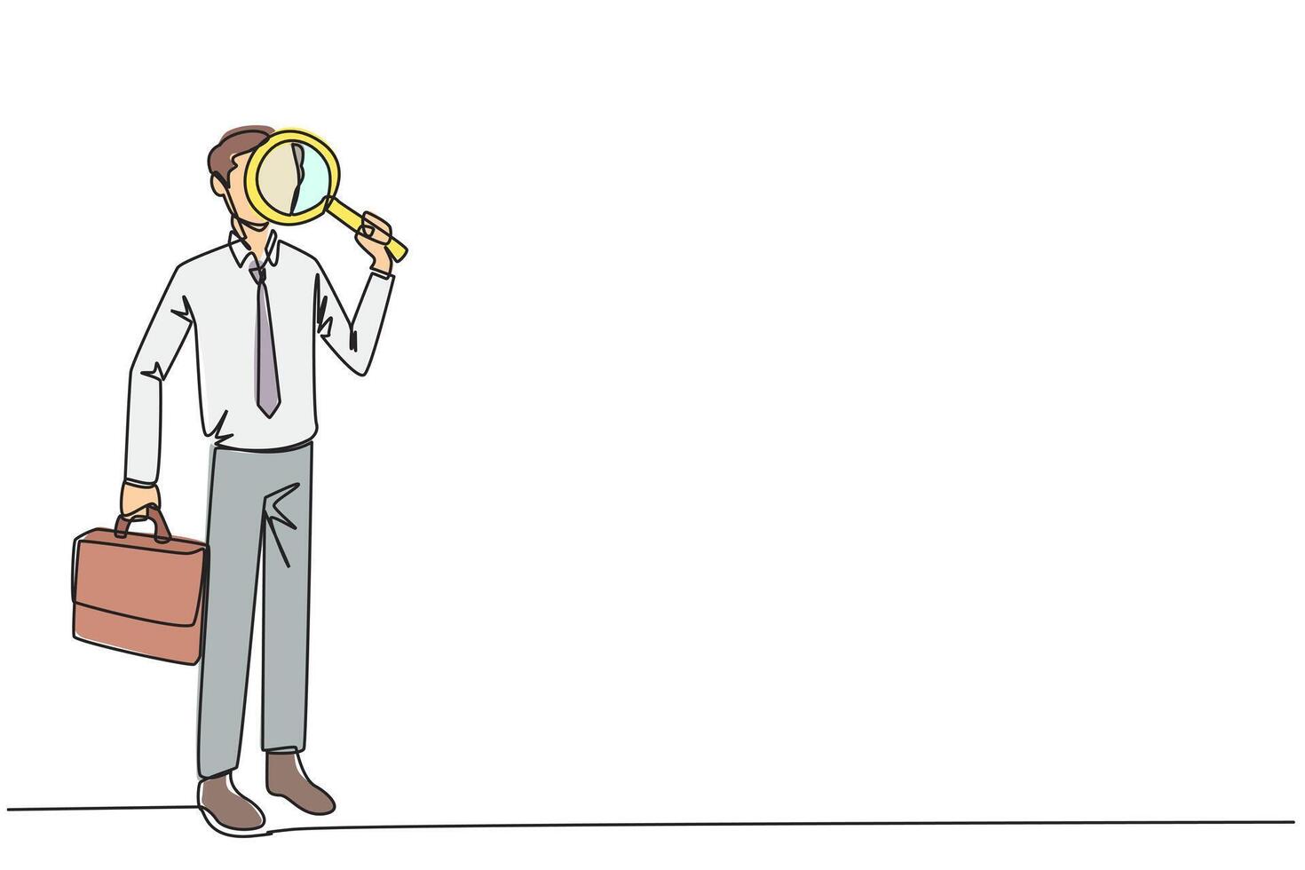 Single one line drawing businessman stood holding a magnifier and the other holding a briefcase. Look for the smallest possible opportunities for profit that can be exploited. Continuous line design vector