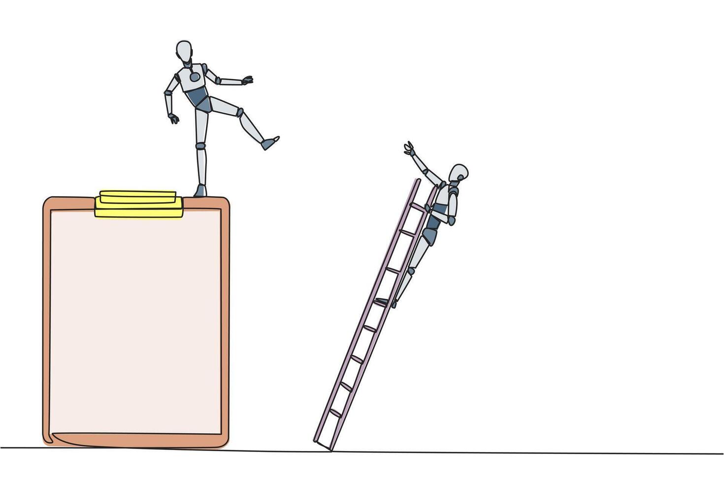 Single continuous line drawing smart robot kicks opponent who is climbing a big clipboard with a ladder. The bully will ruin the daily report. Chase away bullies. One line design illustration vector