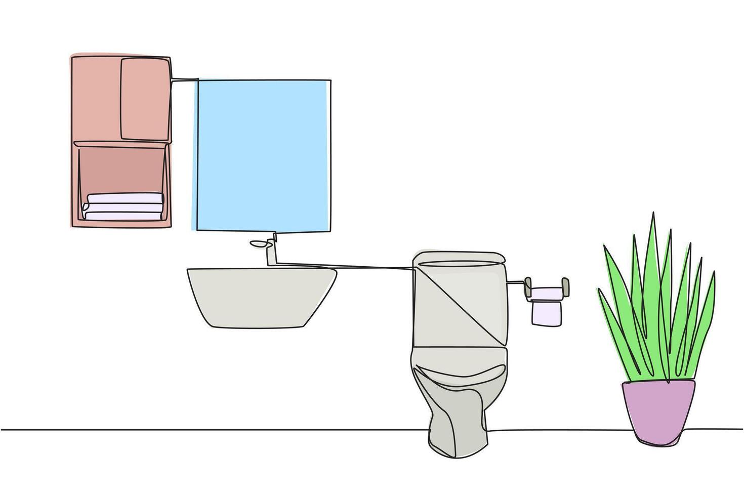 Single continuous line drawing stylish bathroom with full furniture modern. Well maintained dry type bathroom. Hygienic bathroom. Simple design interior. Clean. One line design illustration vector