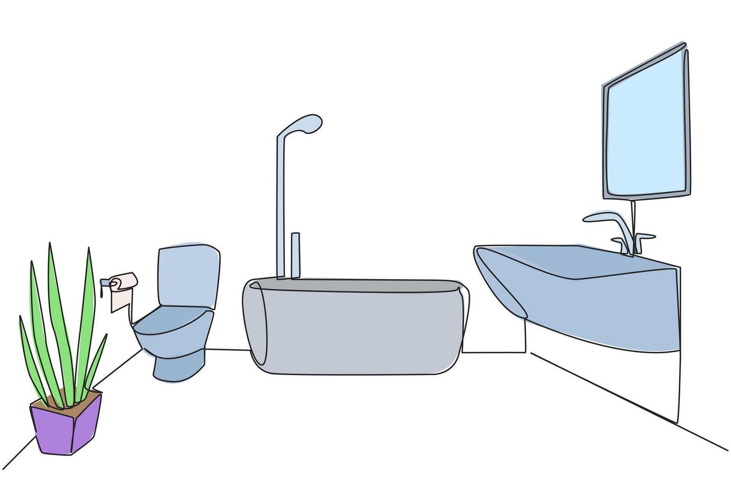 Single one line drawing bathroom in the staycation location. Mini bathtub. Elegant minimalist design. Clean and clear. Maintain neatness and cleanliness. Continuous line design graphic illustration vector