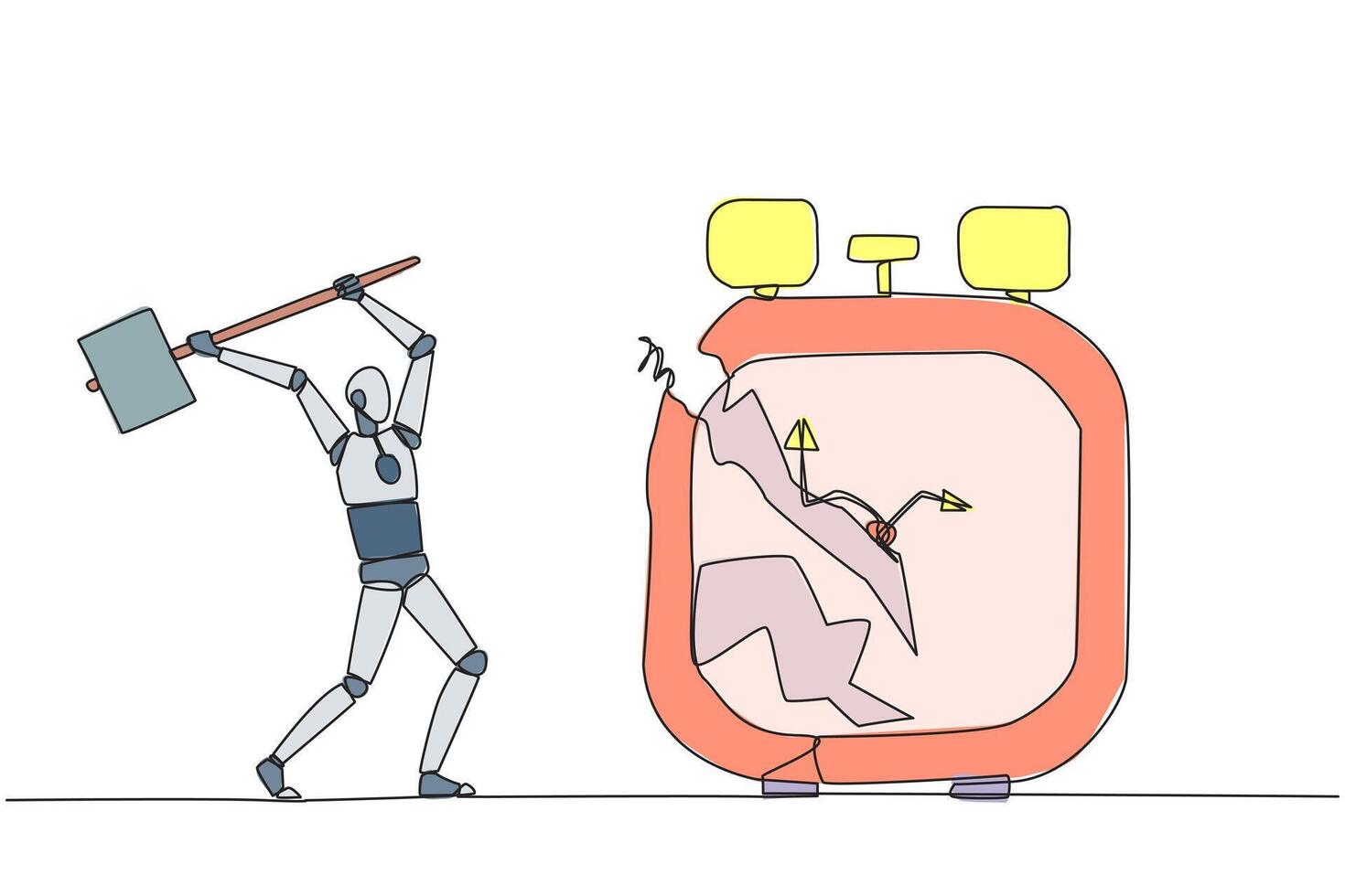 Continuous one line drawing smart robot preparing to hit the big alarm clock. Can't manage time well. Many business opportunities disappear. Angry robotic. Single line draw design illustration vector