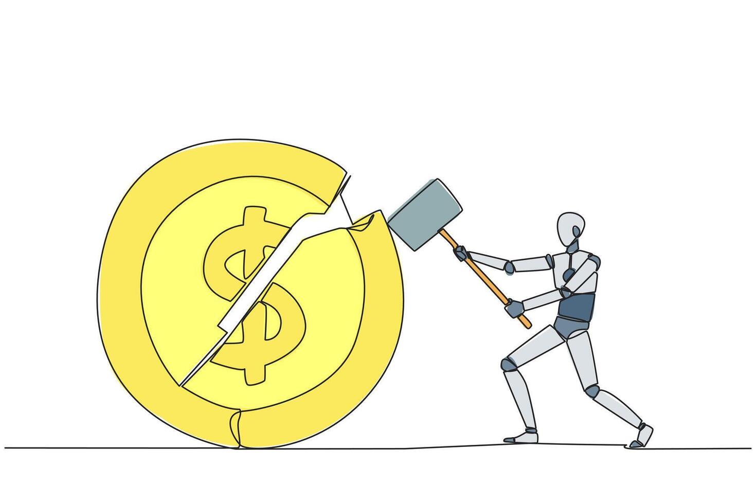 Single one line drawing smart robotic preparing to hit the big coin with dollar symbol. Failed to get new investor. Failed to get income. Expressing anger. Continuous line design graphic illustration vector