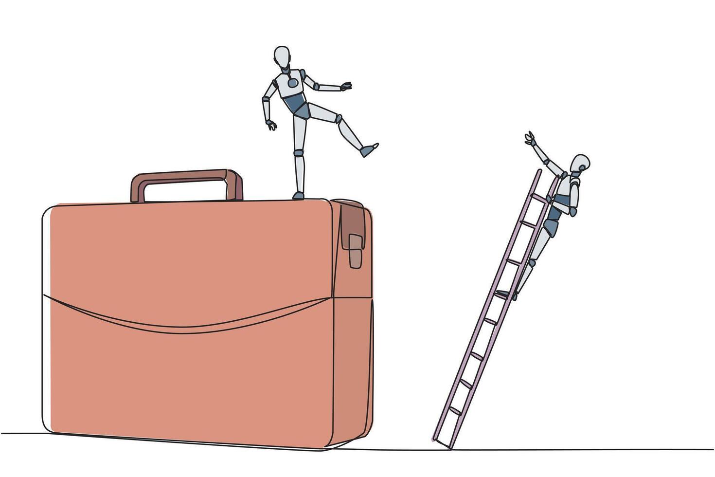 Single continuous line drawing smart robot kicks opponent who is climbing the briefcase with a ladder. Keep away from intruders who disturb business trips. Rival. One line design illustration vector