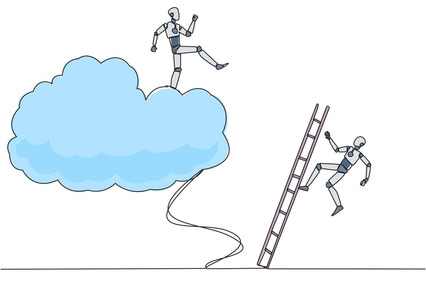 Single one line drawing smart robot kicks opponent who climbing the cloud with a ladder. Perfect achievement in business. Bring down competitors in any way. Continuous line design graphic illustration vector