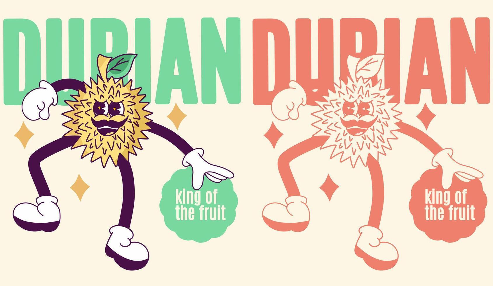 A psychedelic groovy art-style poster set featuring the durian fruit as the king of fruits, showcasing its cheerful face in a vibrant and eye-catching display. vector