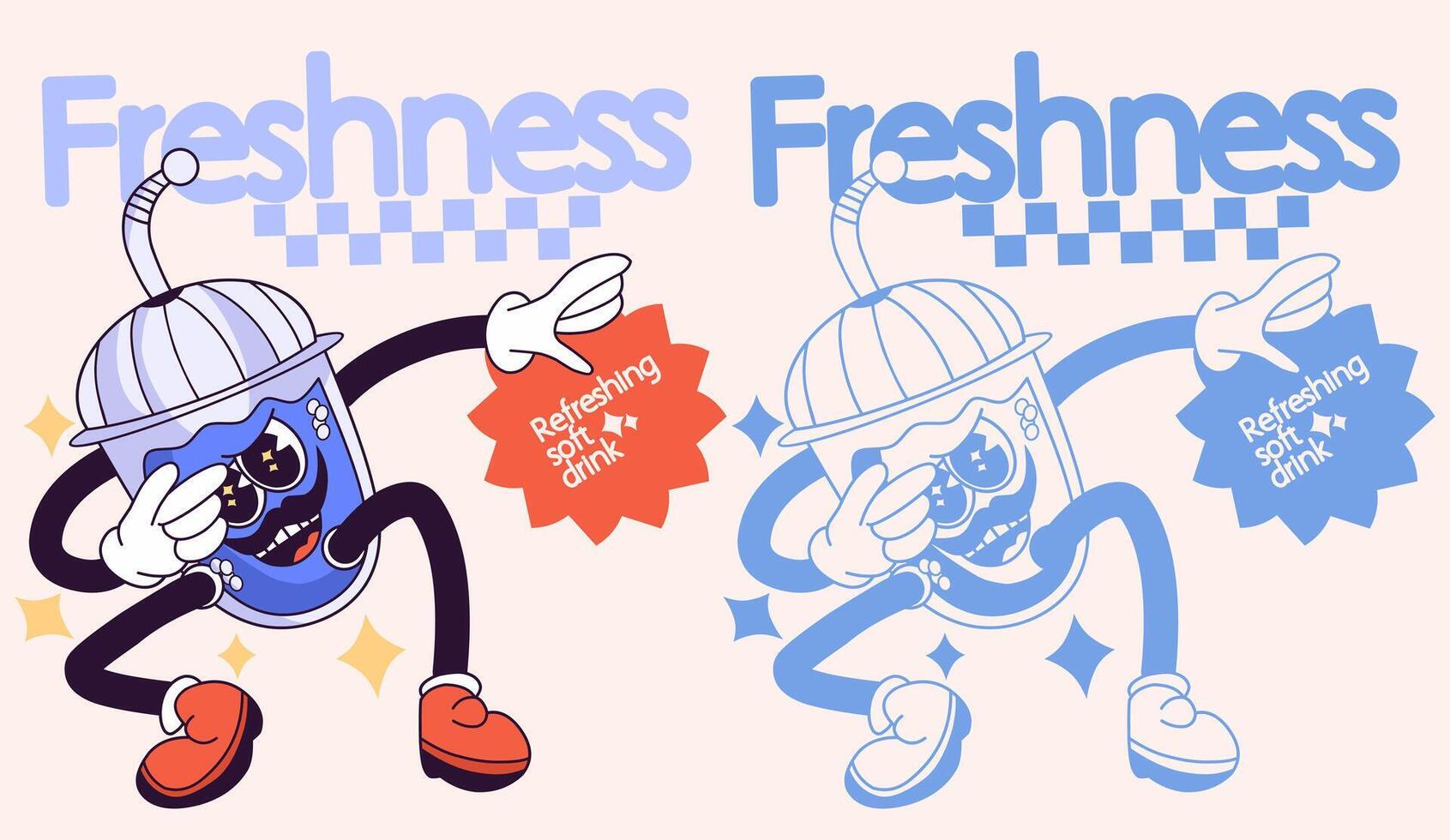 Dual mascot concept inspired by 1960s psychedelic mascots for a refreshing blue soft drink that is both refreshing and cheerful. vector