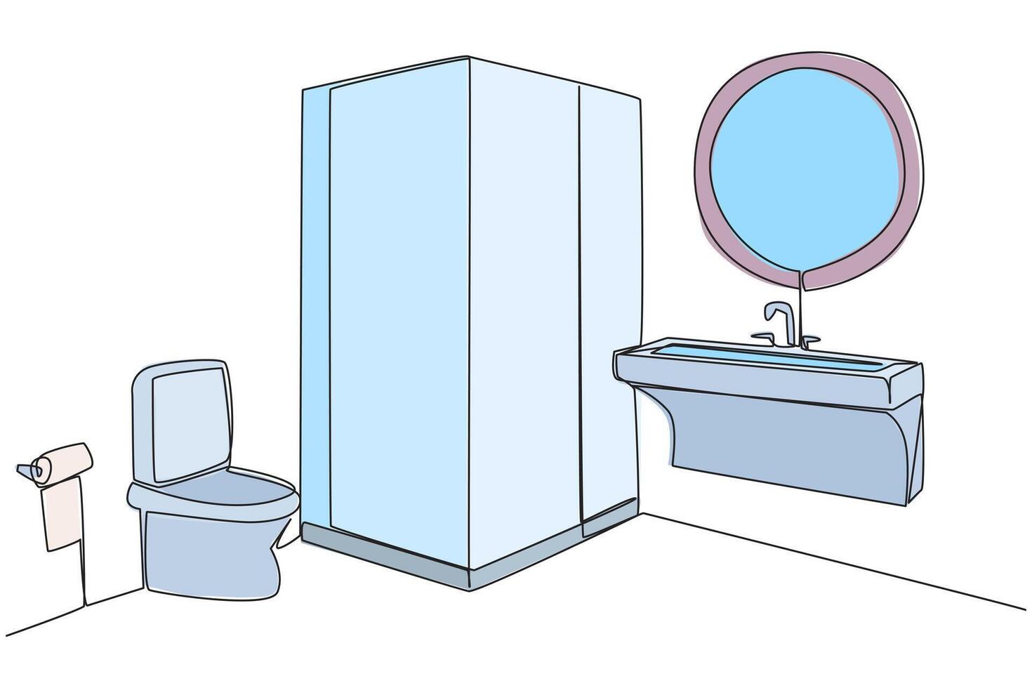 Single continuous line drawing stylish bathroom with full furniture modern. Separation of dry toilets and wet toilets with the installation of a shower cubicle. One line design illustration vector