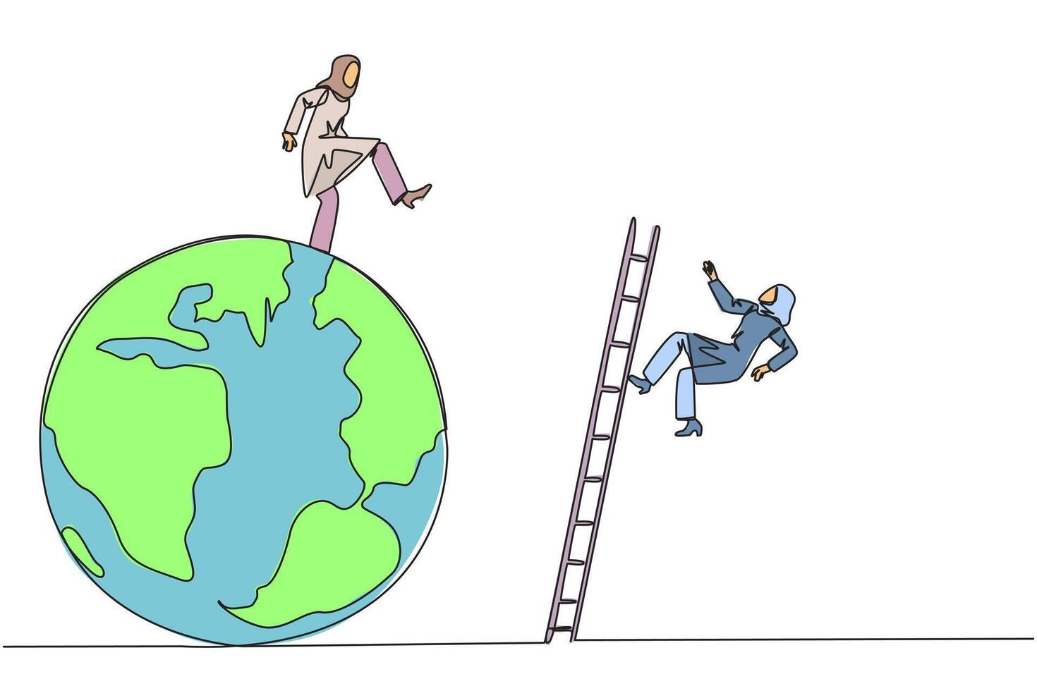 Single continuous line drawing Arab businesswoman kicks opponent who climbing the globe with a ladder. Failed to be on top of the world. Dropped by business friend. One line design illustration vector