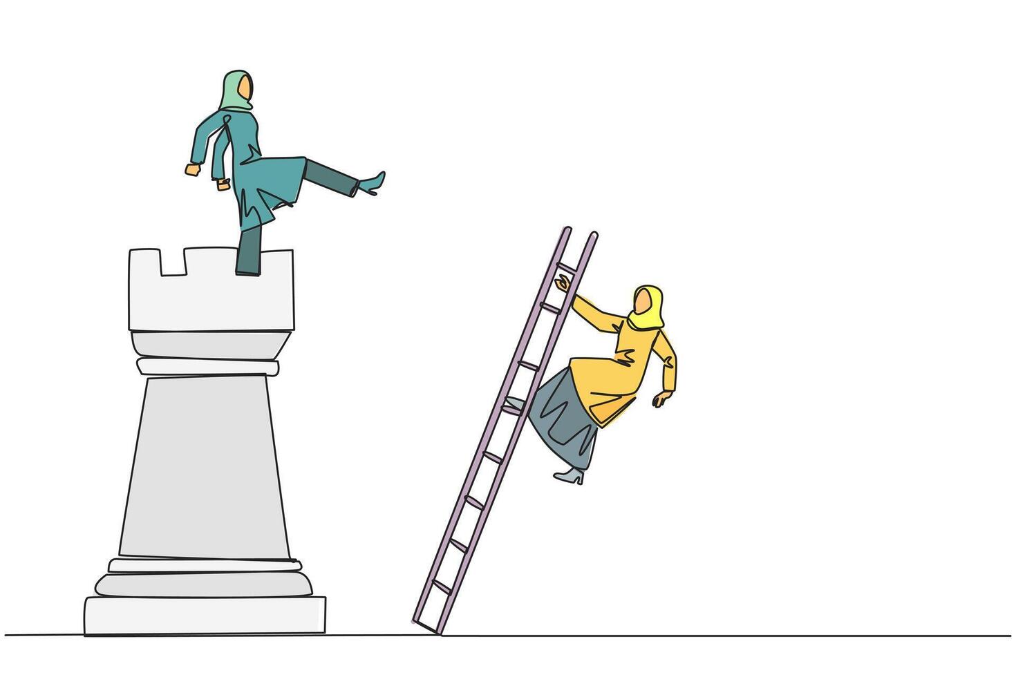 Continuous one line drawing Arab businesswoman kicks rival who climbs chess rook with ladder. Wrong move. Wrong strategy. Plan leaked by colleague. Traitor. Single line draw design illustration vector