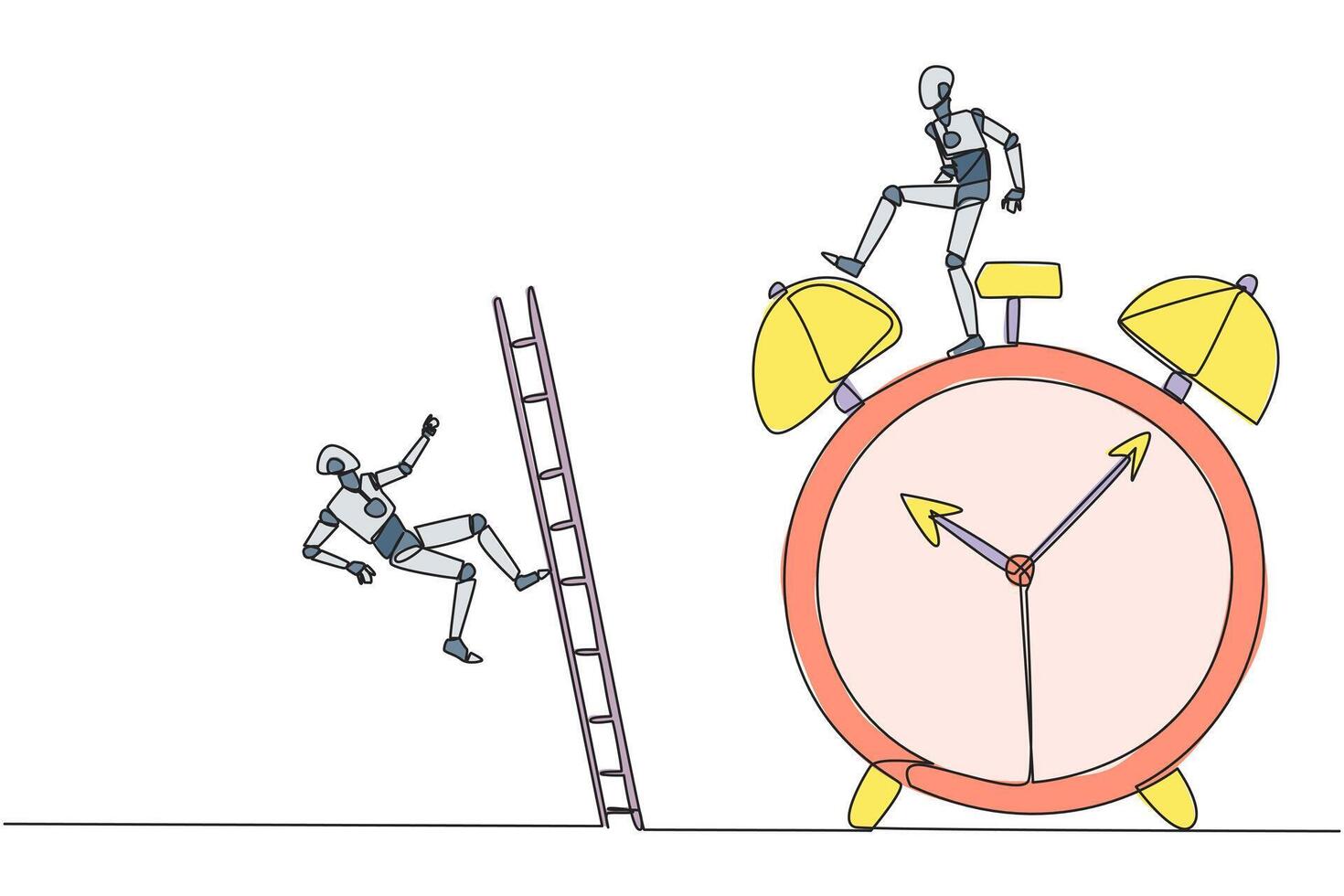 Single one line drawing smart robot kicks opponent who climbs the alarm clock with ladder. Arrogance. No need for colleagues to complete many deadlines. Continuous line design graphic illustration vector