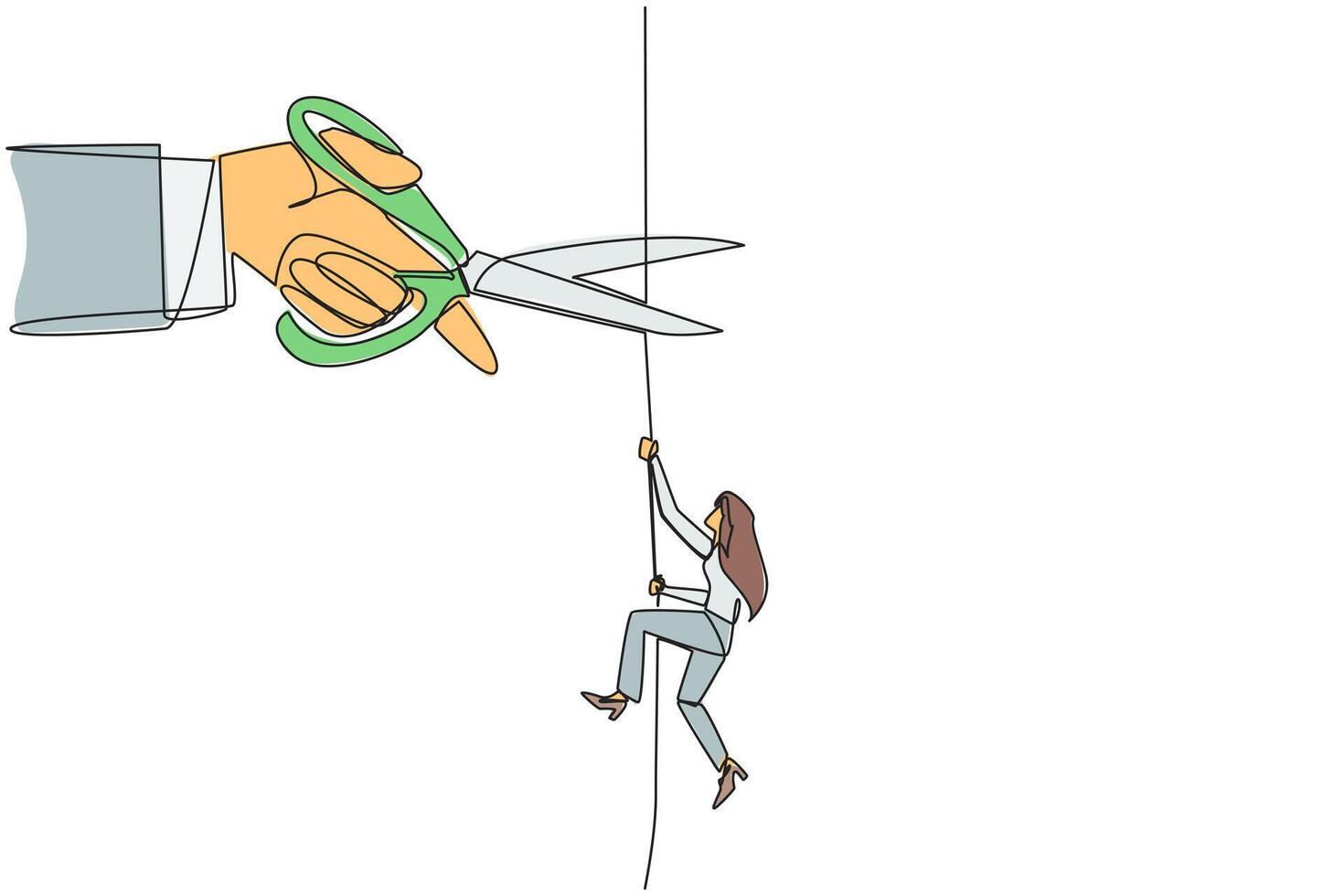 Single continuous line drawing businesswoman climbing rope. Metaphor of struggling to advance business. Business failed to develop. Sabotaged by business friends. One line design illustration vector