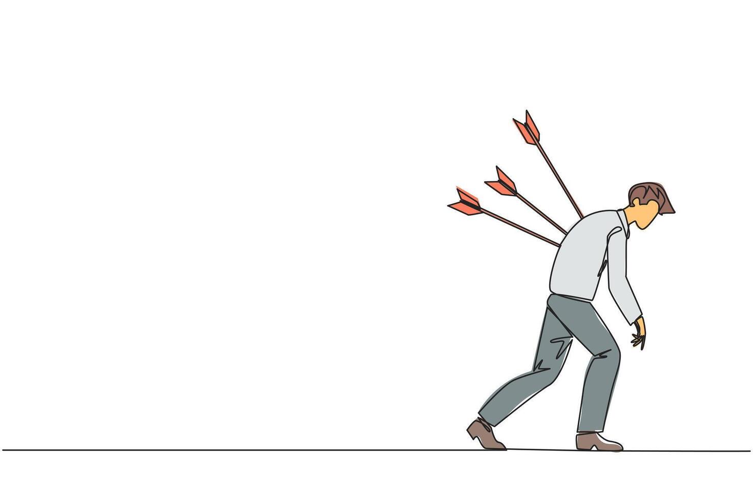 Continuous one line drawing businessman standing and several arrows stuck in the back. Attacked from behind. Destroyed and helpless. Fake partner. Traitor. Single line draw design illustration vector
