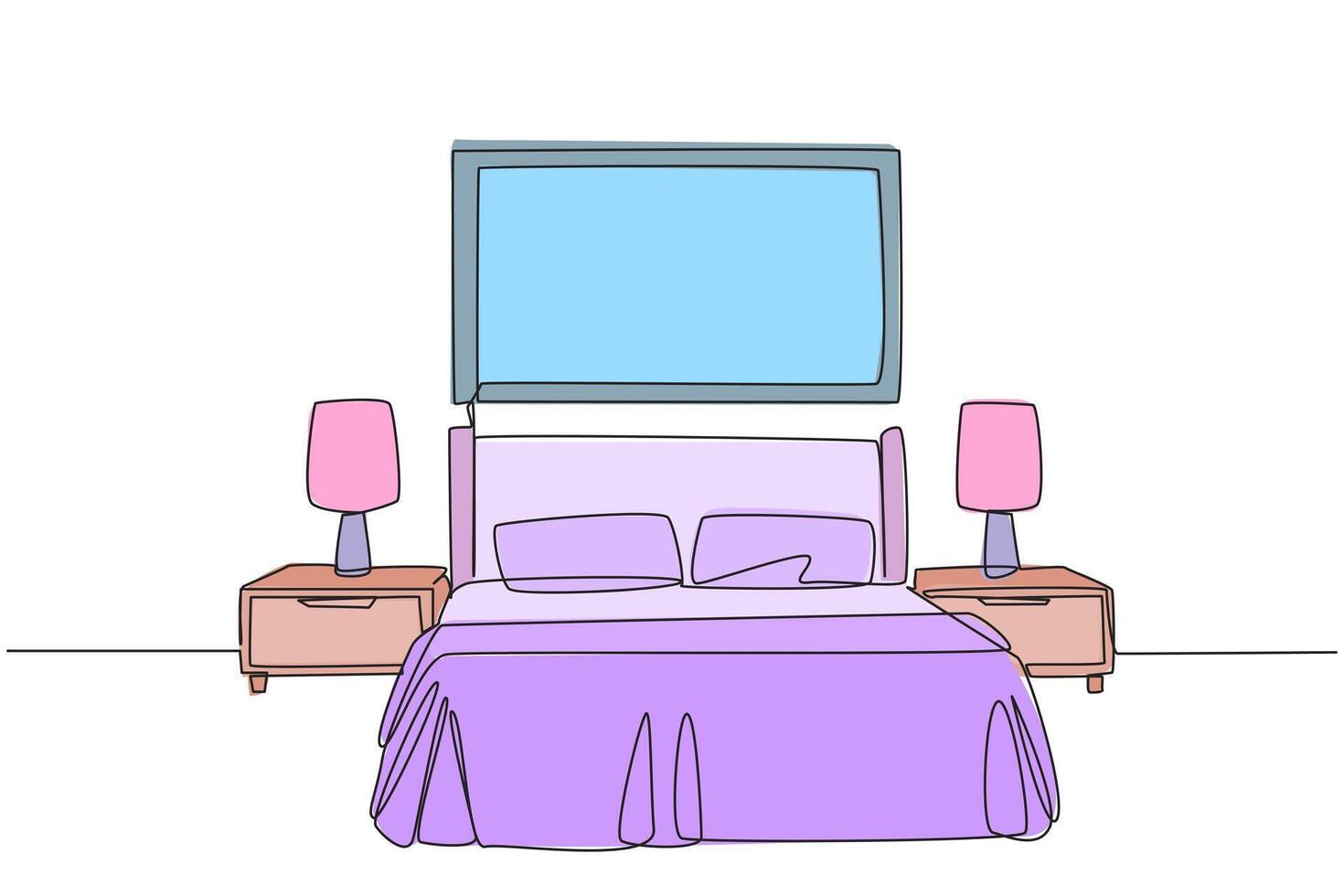 Continuous one line drawing stylish room with full furniture modern. A room layout resembling a hotel with a spring bed flanked by two drawers. Staycation. Single line draw design illustration vector