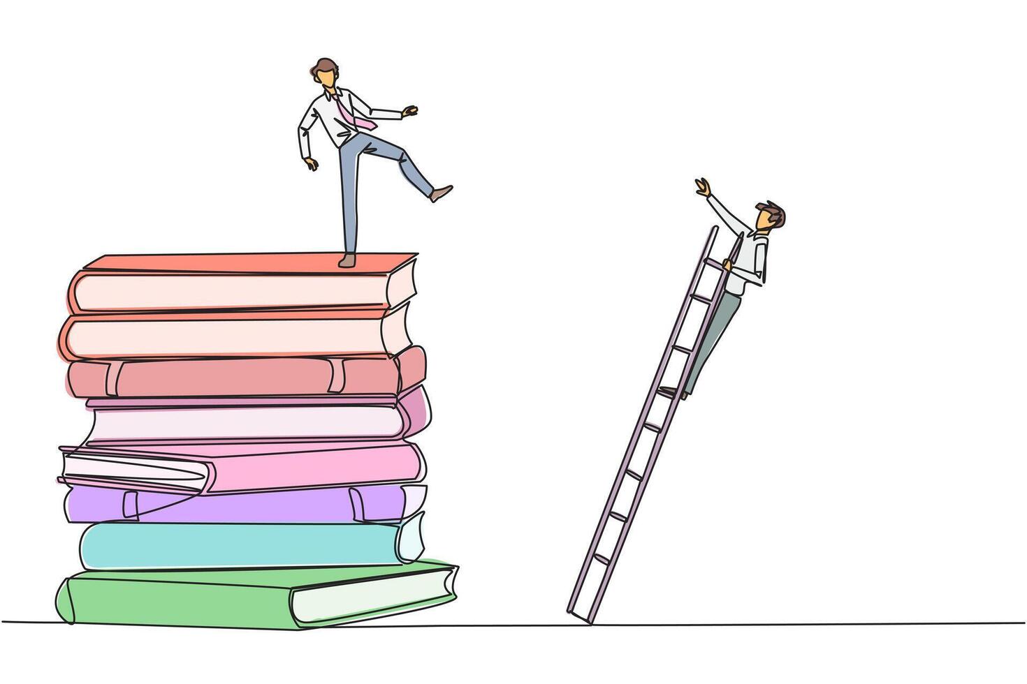 Single one line drawing businessman kicks opponent who is climbing a pile of books with a ladder. Failed to gain access to profitable business principles. Continuous line design graphic illustration vector