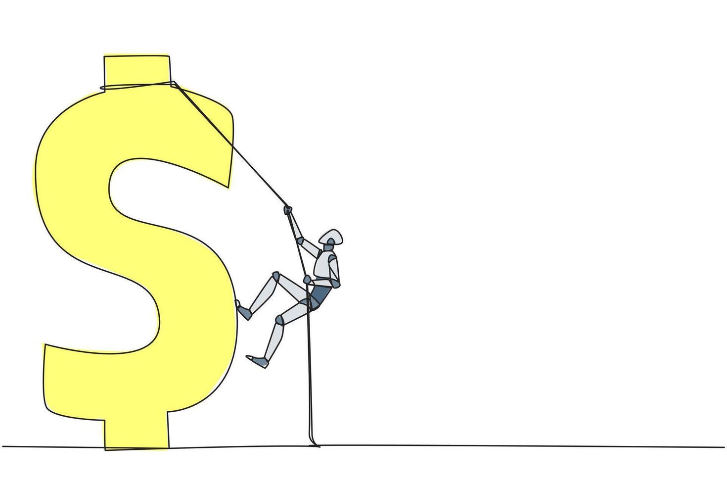 Continuous one line drawing smart robot climbs dollar symbol. Metaphor looking for extra money because of high needs. Smart work combined with hard work. Single line draw design illustration vector