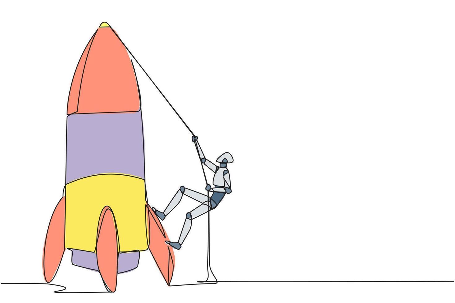 Continuous one line drawing smart robot climbs rocket with rope. Set the intention to open a new branch. Work hard to expand the business. Smart hard work. Single line draw design illustration vector
