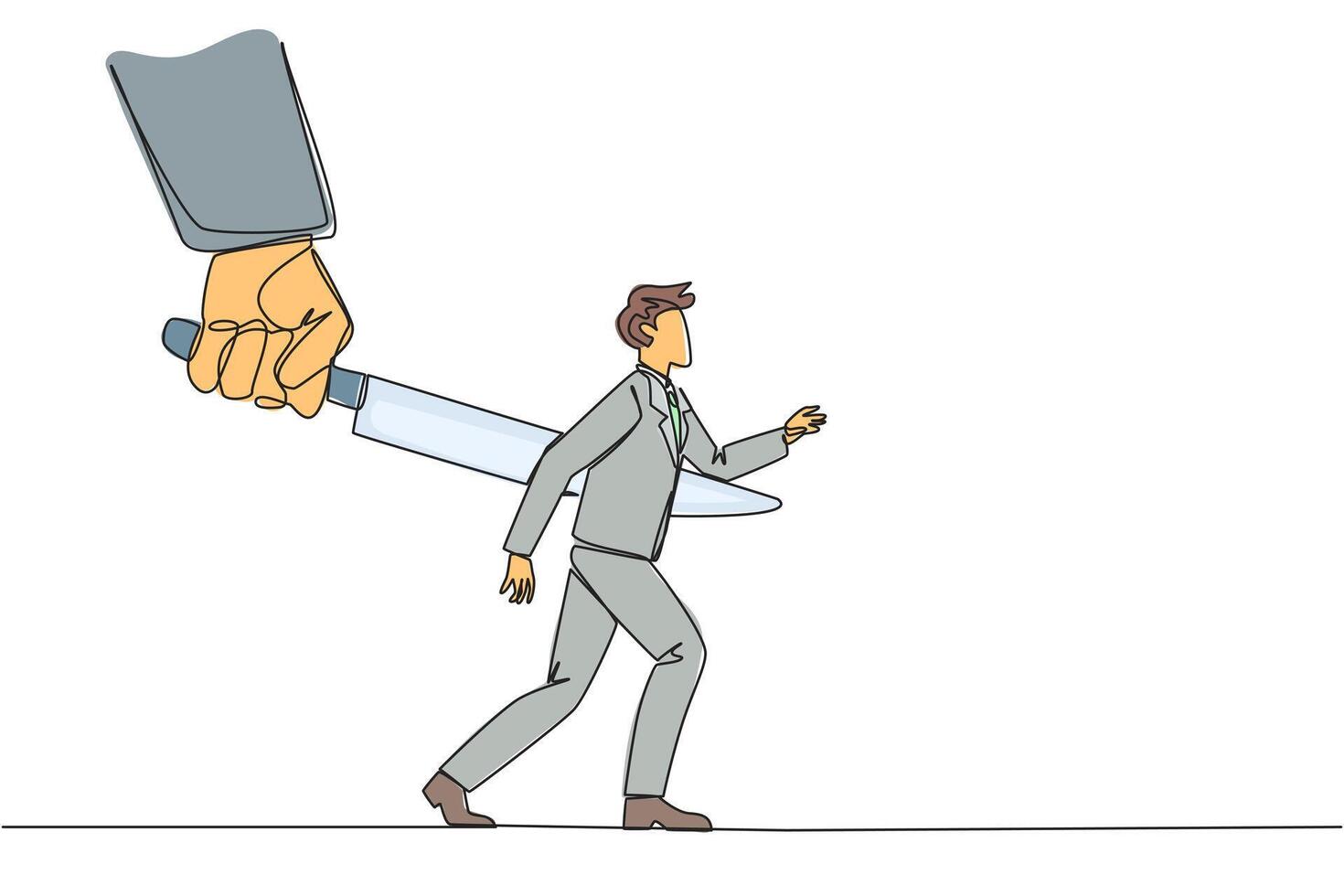 Single continuous line drawing businessman stabbed in the back by a large knife. Cheated to ruin by a business partner. An enemy disguised as a friend. The traitor. One line design illustration vector