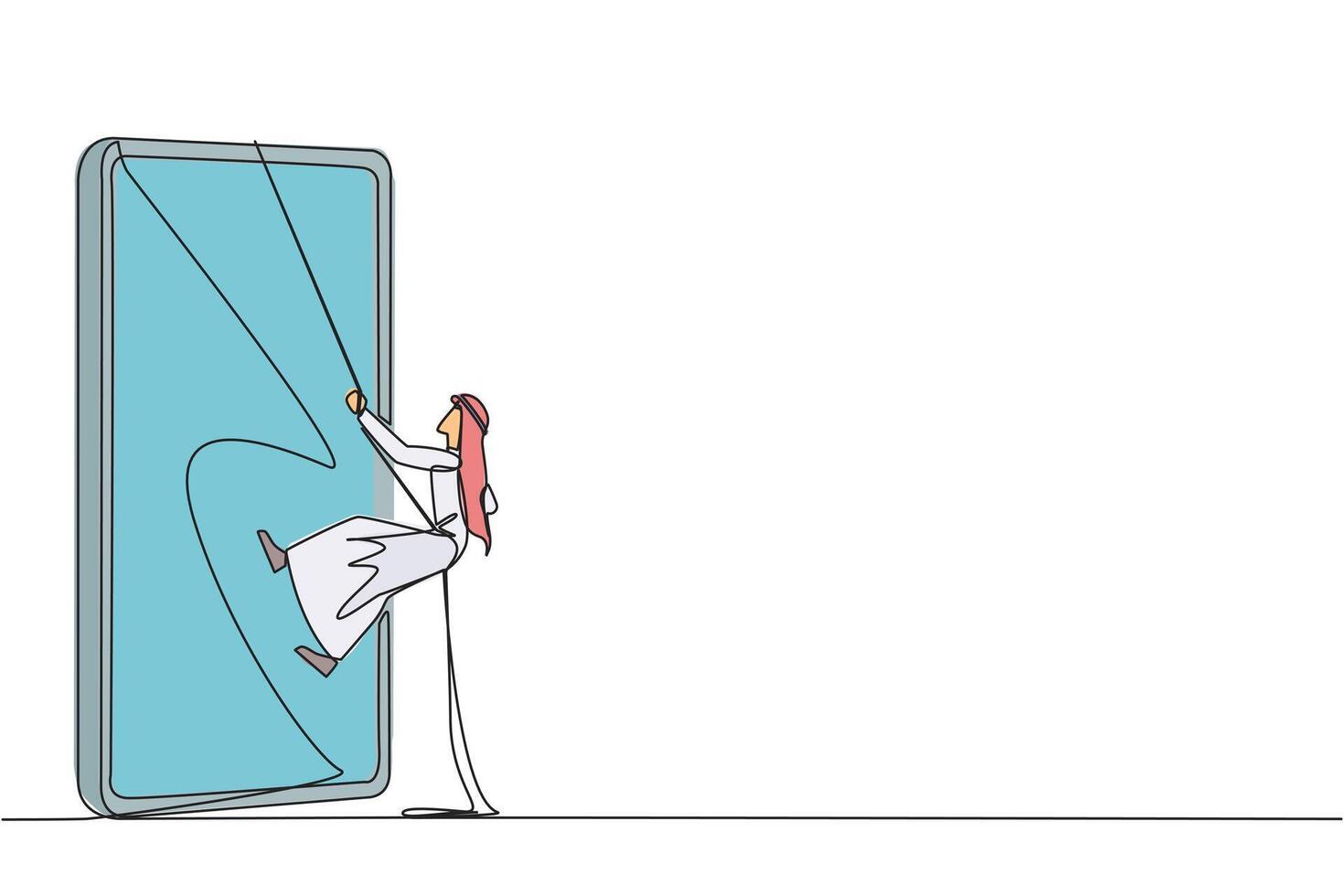 Single continuous line drawing Arab businessman climbs smartphone with rope. Improve business relationships. Massively contact old friends. Connected to each other. One line design illustration vector