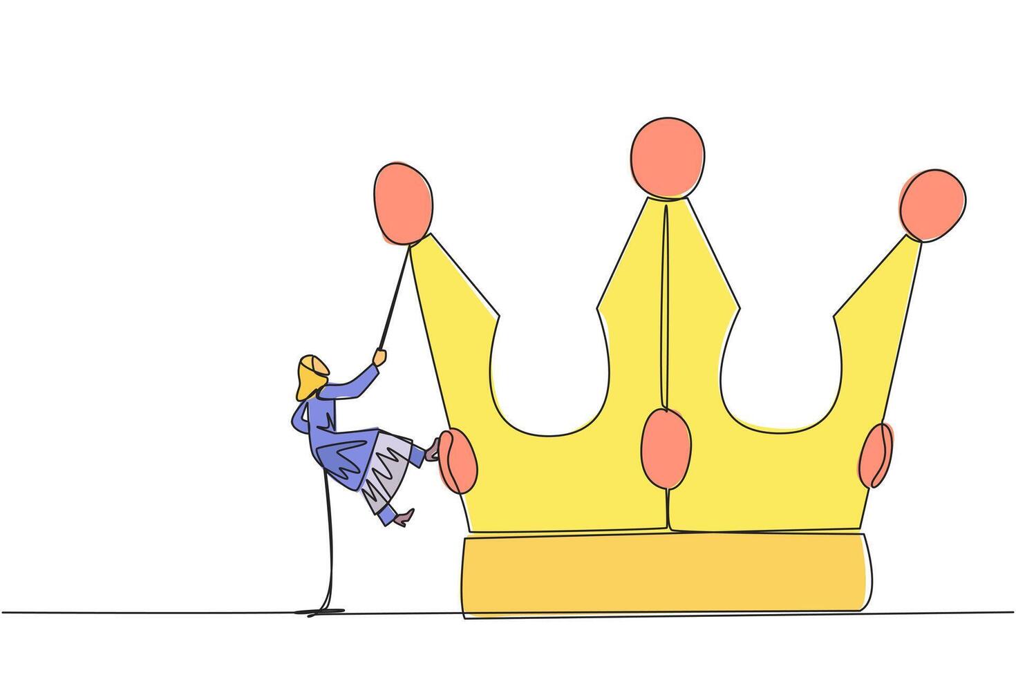 Single continuous line drawing Arabian businesswoman climbs the crown with rope. Prepare for better life by working hard to achieve highest position. Hard worker. One line design illustration vector