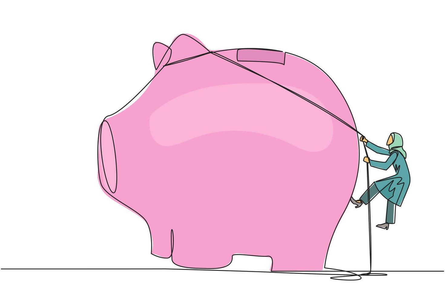 Continuous one line drawing Arab businesswoman climbs piggy bank with rope. Entrepreneur working hard make investment prepare for retirement. Smart worker. Single line draw design illustration vector