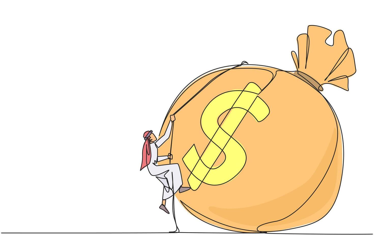 Single continuous line drawing Arabian businessman climbing money bag with rope. Work harder to get very large retirement fund. Bring out abilities to the maximum. One line design illustration vector