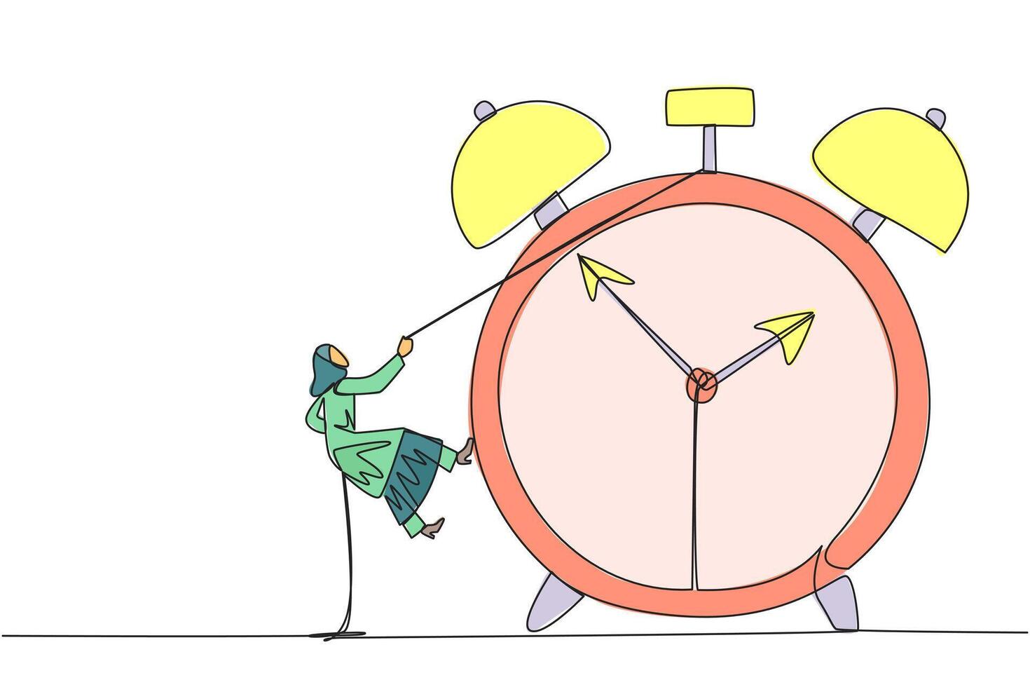 Single one line drawing Arab businesswoman climbs alarm clock with rope. Work carefully to complete each task. Work perfectly without any errors. Work hard. Continuous line design graphic illustration vector
