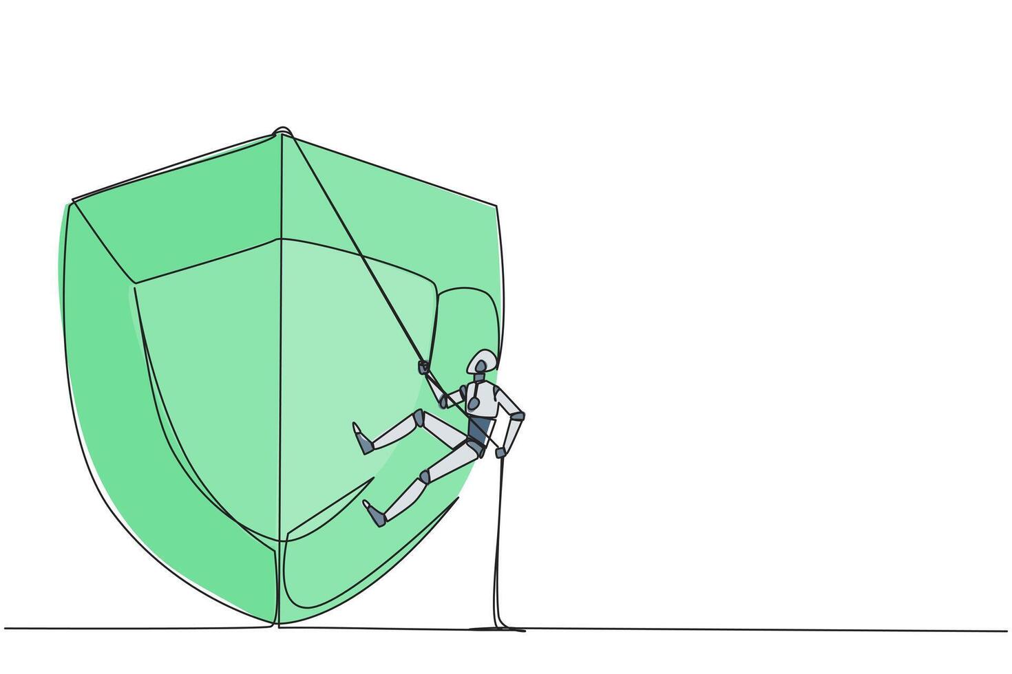 Single one line drawing smart robot climbs shield with rope. Working to help clients secure servers from virus attacks. Check each layer. Smart work hard. Continuous line design graphic illustration vector