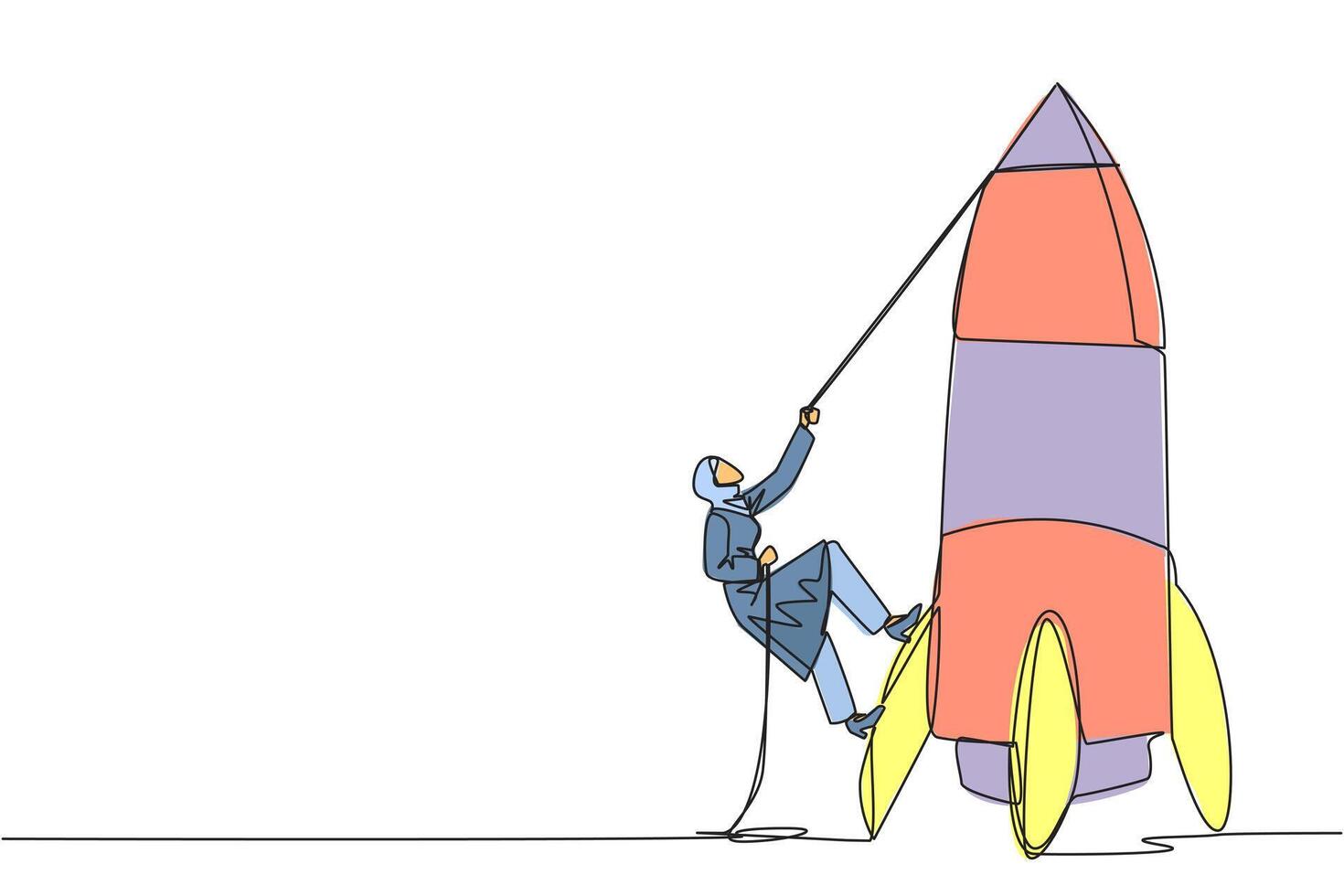 Single continuous line drawing Arab businesswoman climbs rocket with rope. Set the intention to open new branch. Work hard to expand the business. Smart hard work. One line design illustration vector