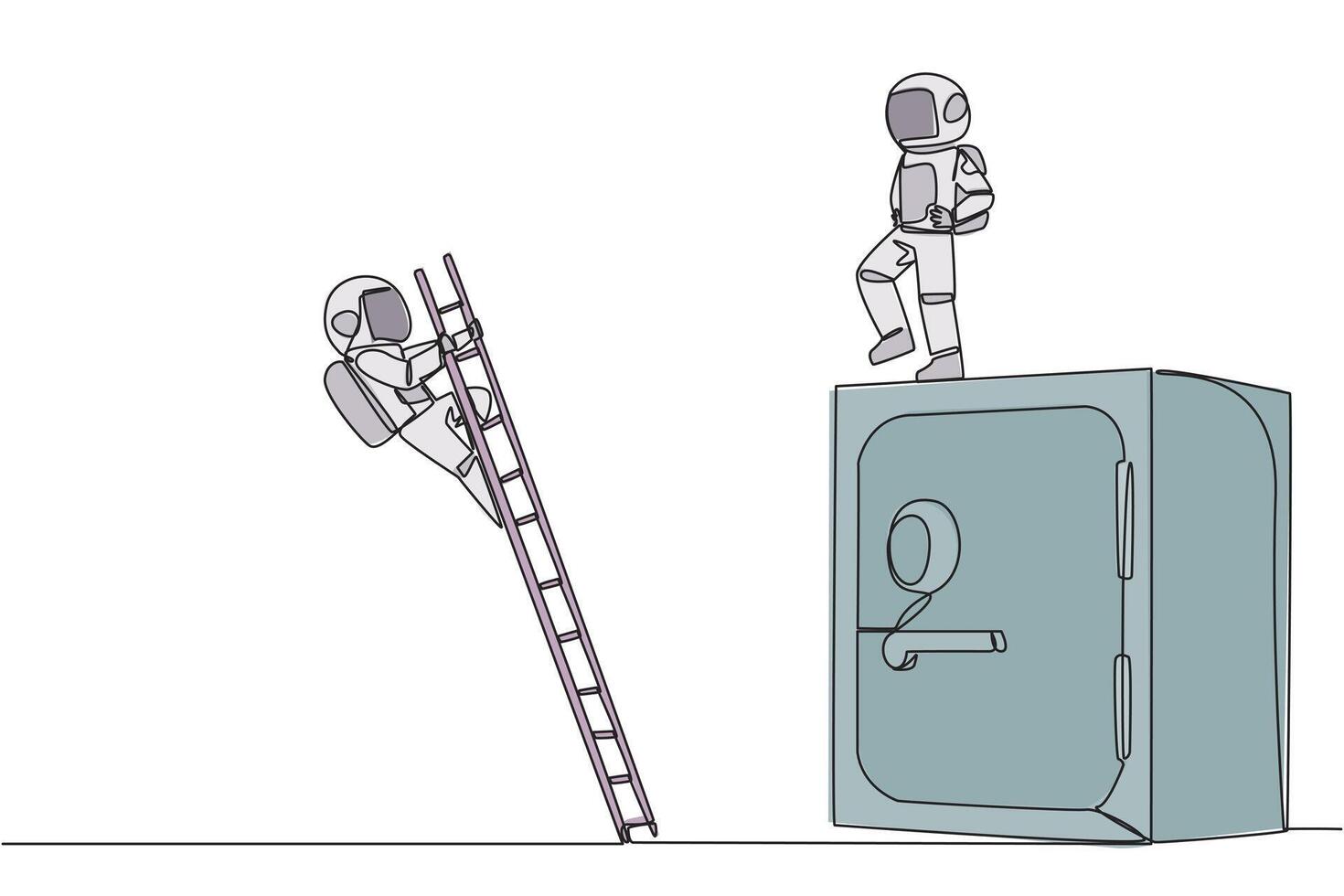 Continuous one line drawing astronaut kicks opponent who is climbs safe deposit box with ladder. Dropped roughly. Unable to save important files. The rival. Single line draw design illustration vector