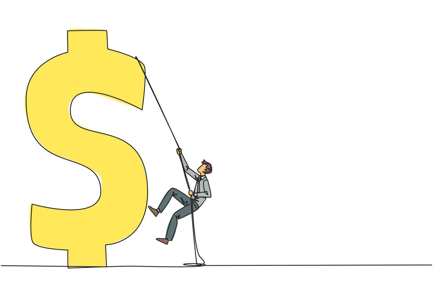 Continuous one line drawing businessman climbs dollar symbol. Metaphor looking for extra money because of high needs. Smart work combined with hard work. Single line draw design illustration vector