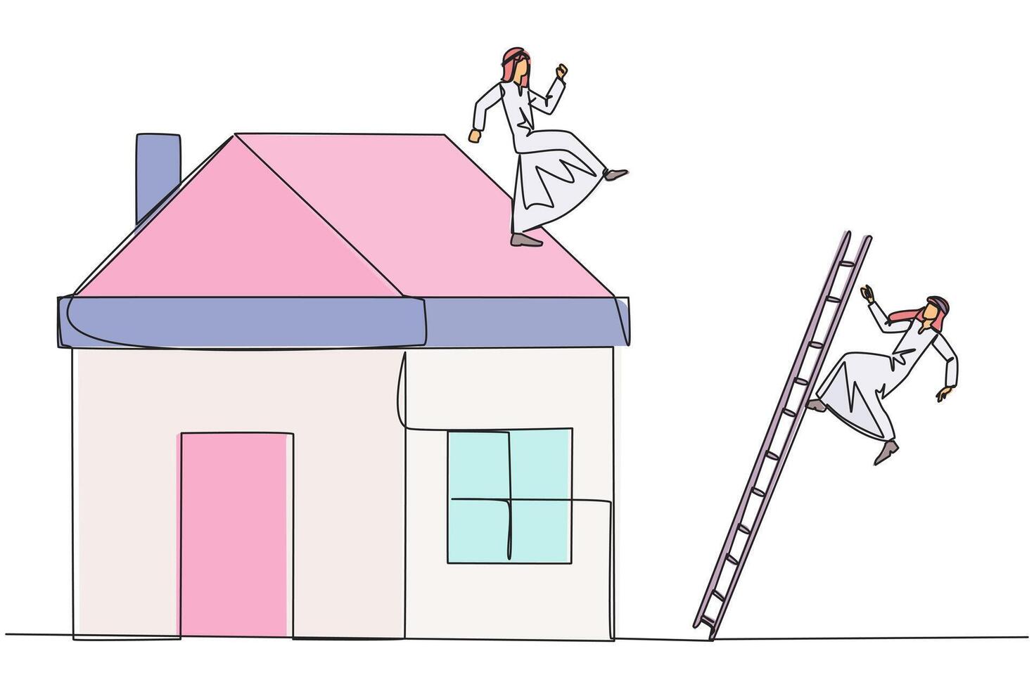 Single one line drawing Arab businessman kicks rival who climbs miniature house with stairs. Metaphor of fraud committed by house developers. Bad business. Continuous line design graphic illustration vector