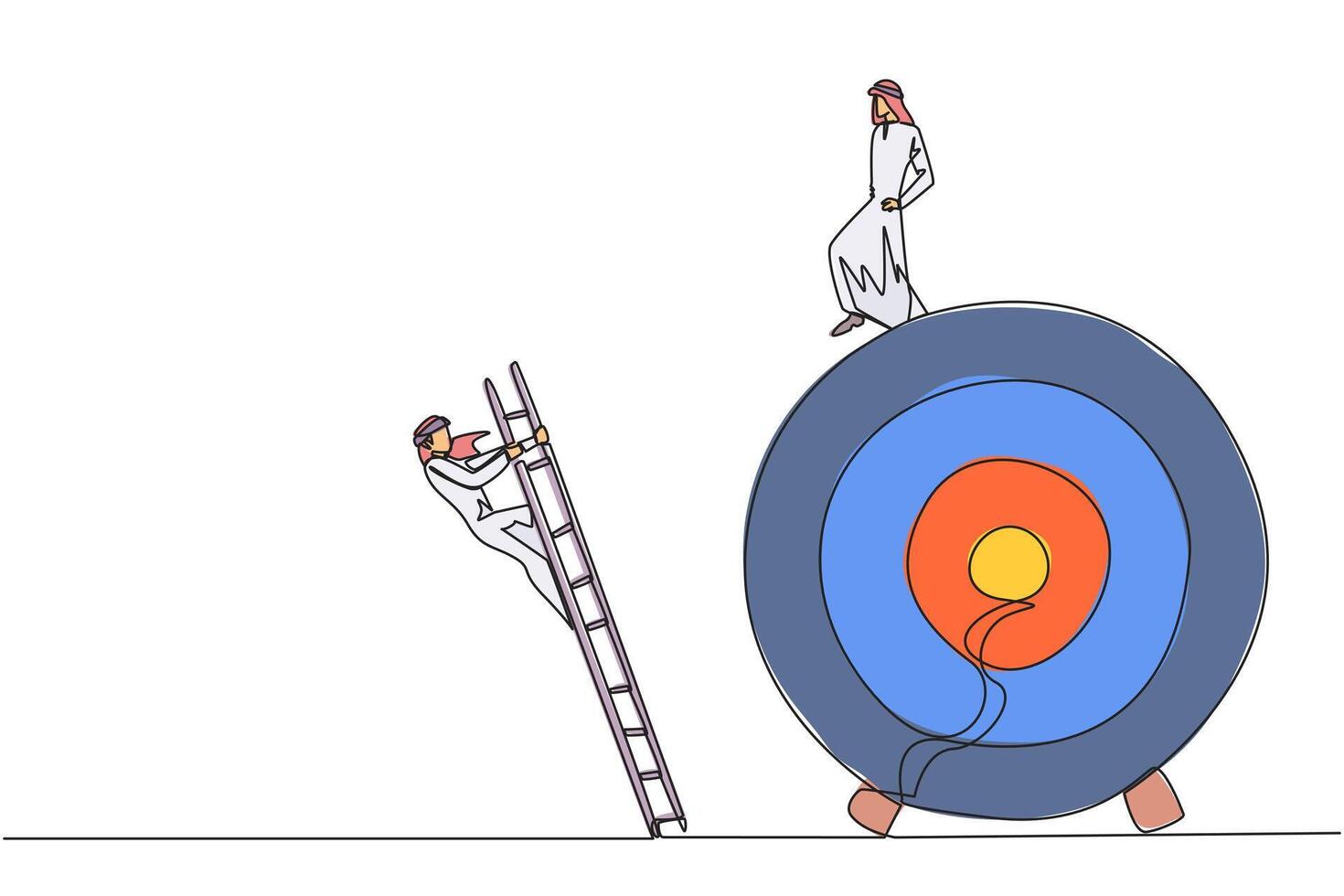 Single continuous line drawing Arab businessman kicks colleague who climbs the target arrow board with a ladder. The metaphor of getting rid of business destroyers. One line design illustration vector