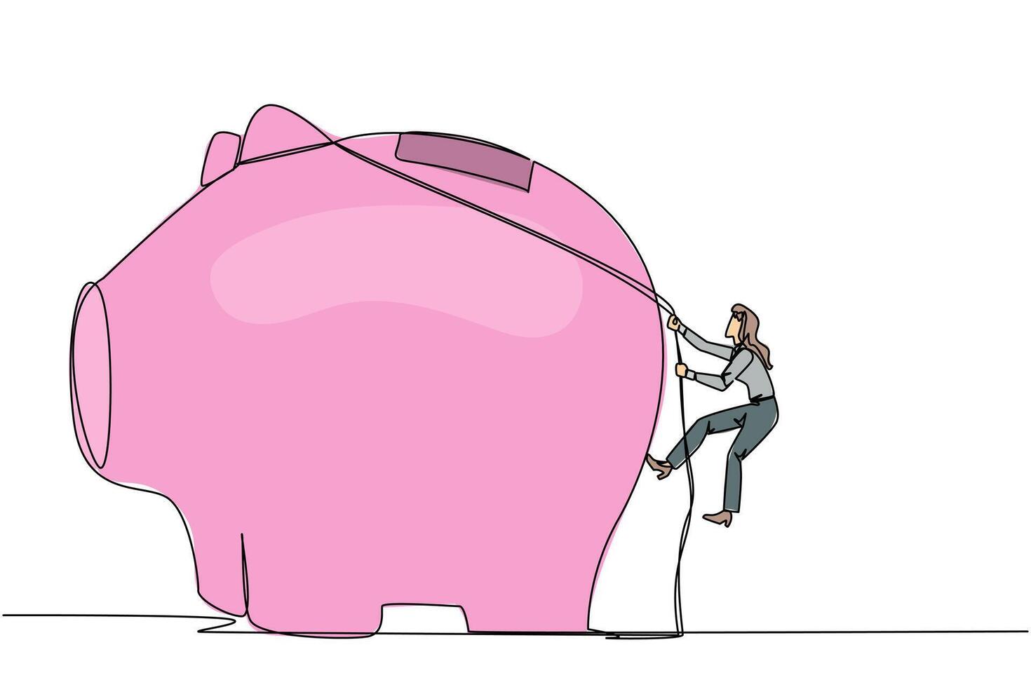 Single continuous line drawing businesswoman climbing piggy bank with rope. Entrepreneur working hard to make investments preparing for retirement. Smart worker. One line design illustration vector