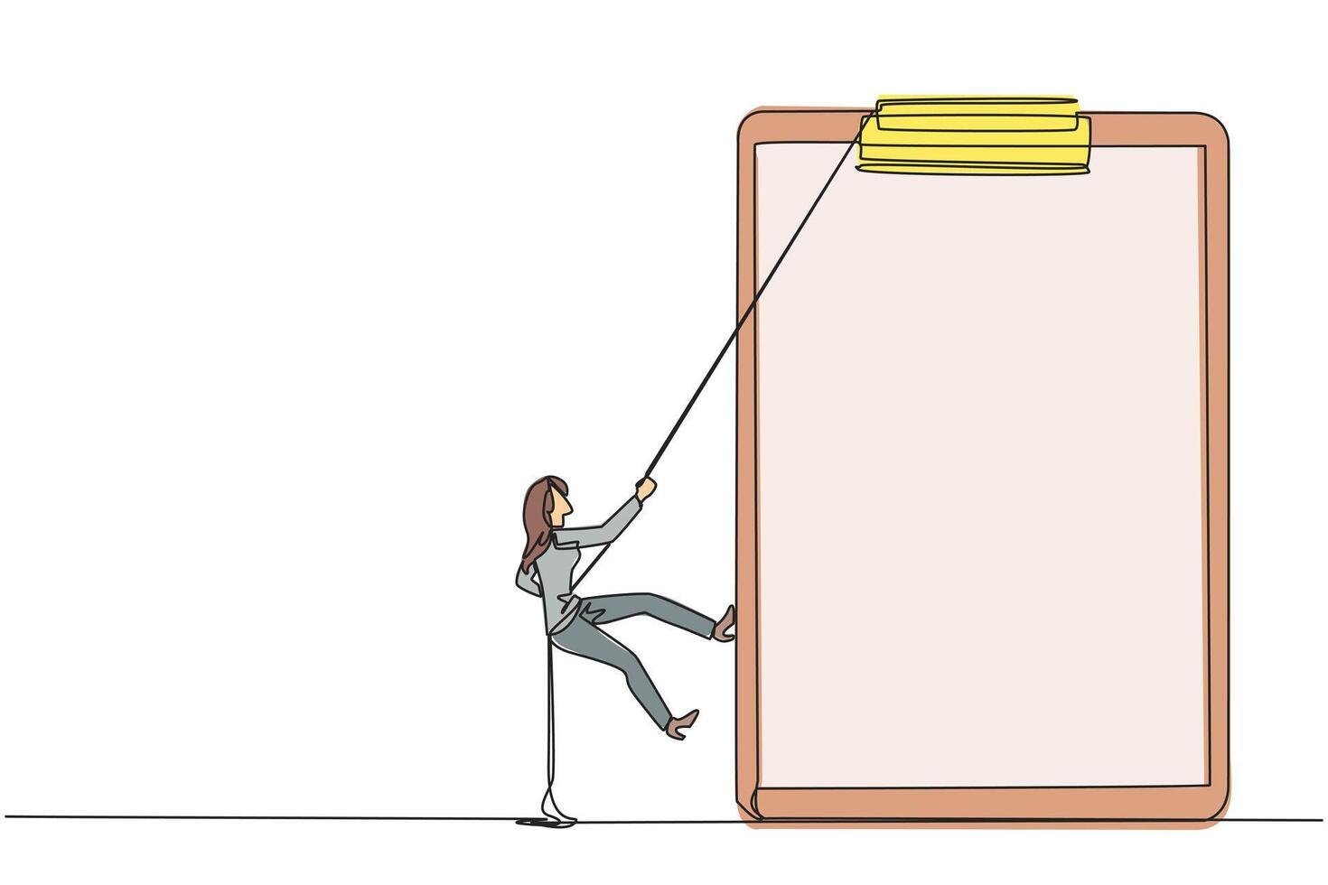Single continuous line drawing businesswoman climbing the clipboard with rope. Extra effort to work on reports optimally. The final report is awaited. Work hard. One line design illustration vector