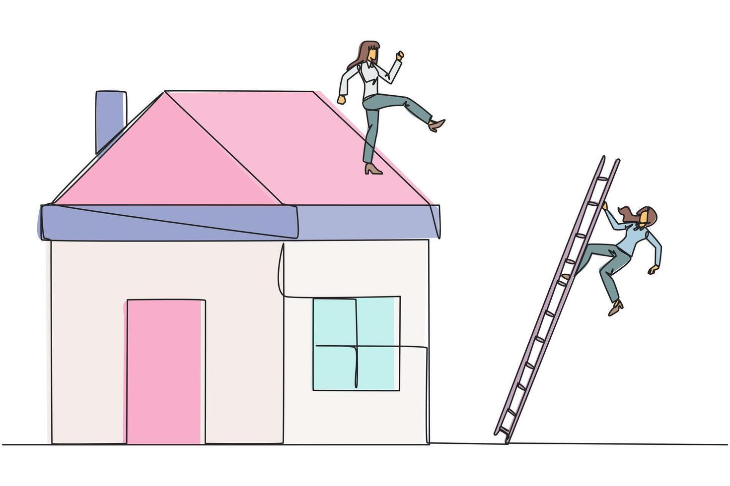 Single continuous line drawing businesswoman kicks opponent who climbs a miniature house with stairs. Metaphor of fraud committed by house developers. Bad business. One line design illustration vector