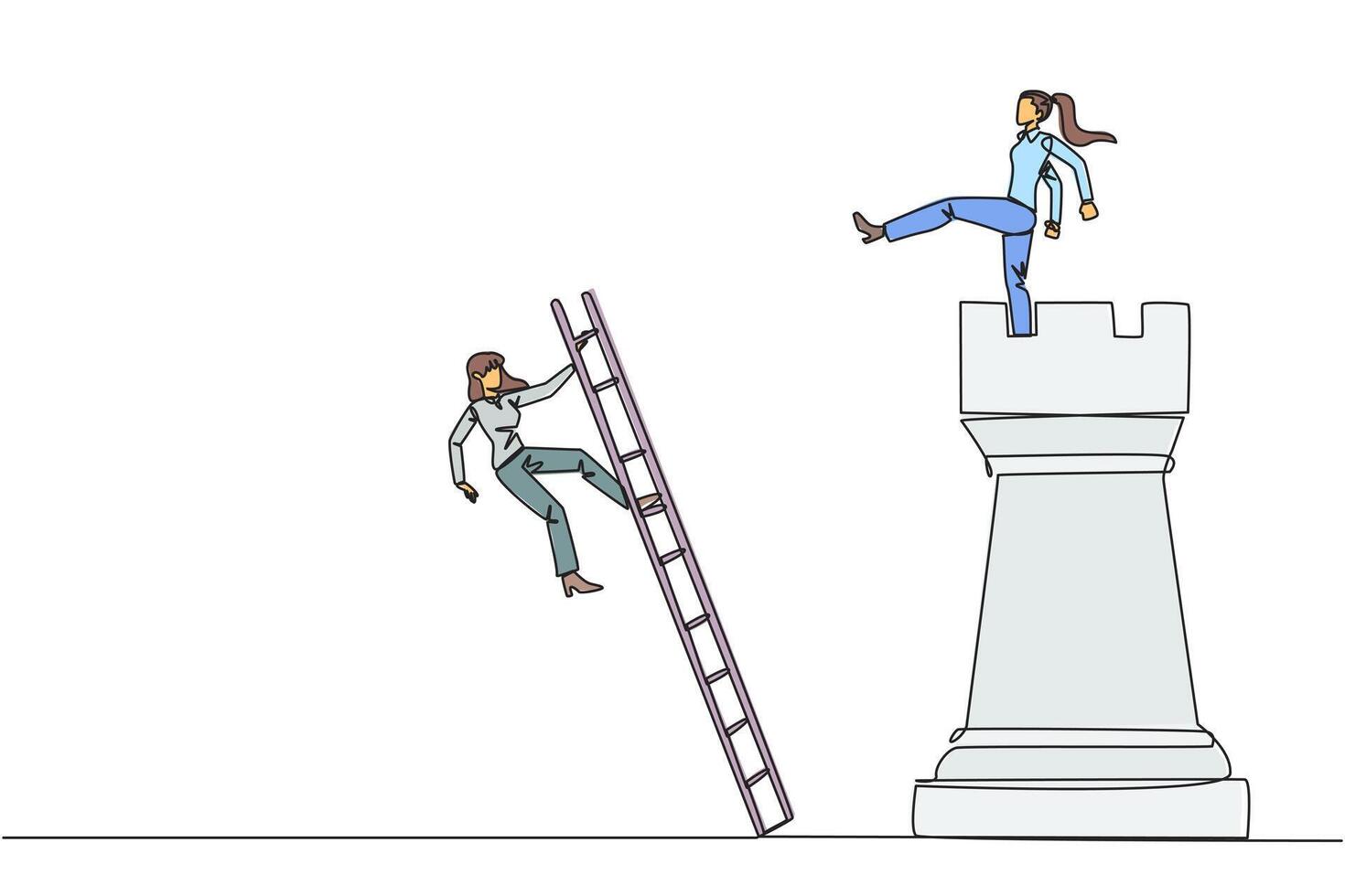 Single one line drawing businesswoman kicks opponent who climbing the chess rook with ladder. Wrong move. Wrong strategy. Plan leaked by colleague. Traitor. Continuous line design graphic illustration vector