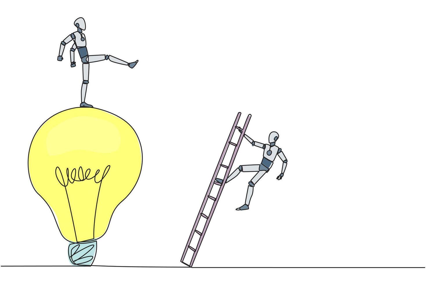 Single one line drawing smart robot kicks opponent who climbing the lightbulb with a ladder. Dropping colleague because don't have bright ideas. Traitor. Continuous line design graphic illustration vector