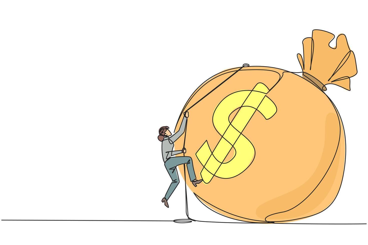 Continuous one line drawing businesswoman climbing money bag with rope. Work harder to get a very large retirement fund. Bring out abilities to the maximum. Single line draw design illustration vector