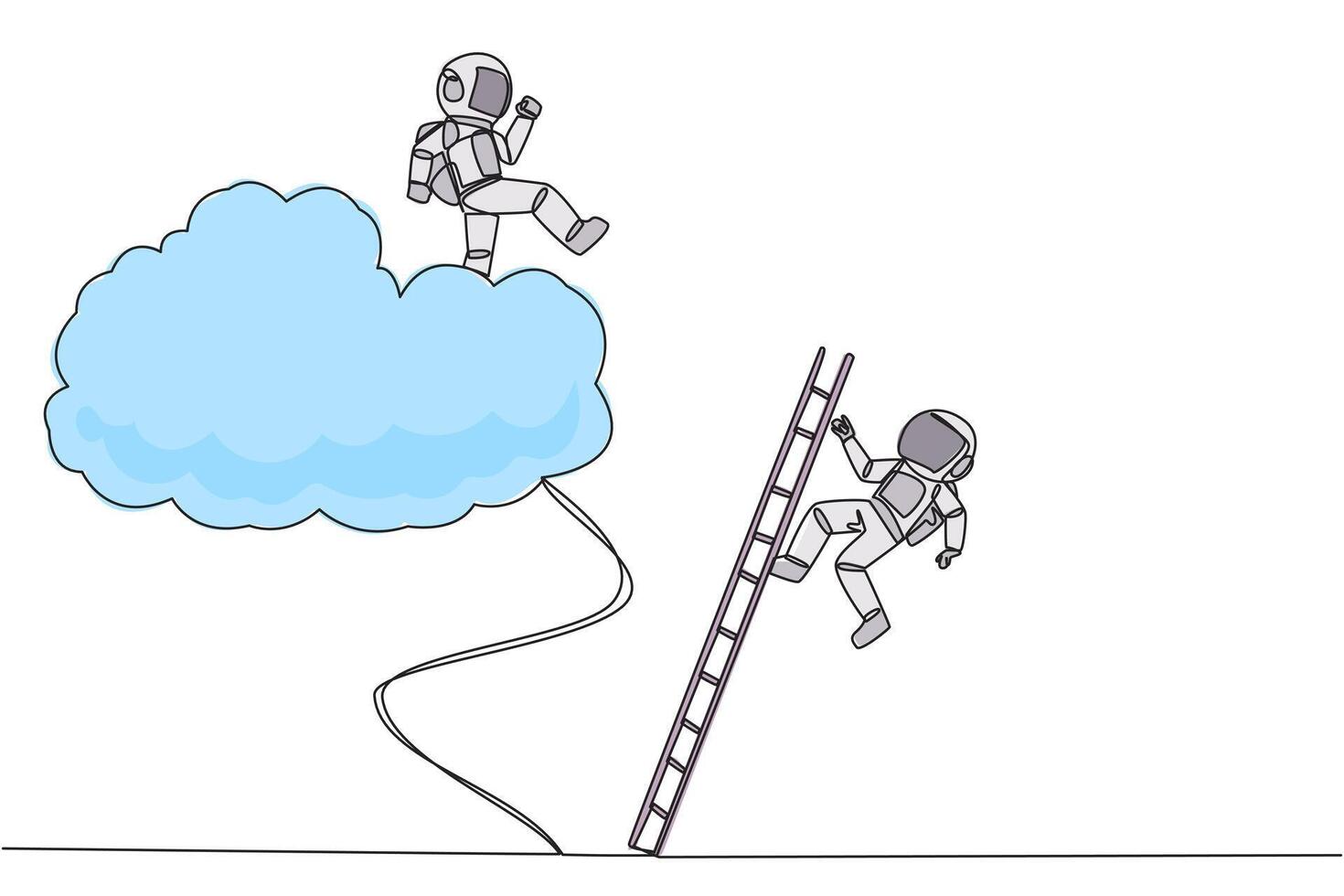 Single continuous line drawing astronaut kicks opponent who climbing the cloud with a ladder. Perfect achievement in business. Bring down competitors in any way. One line design illustration vector