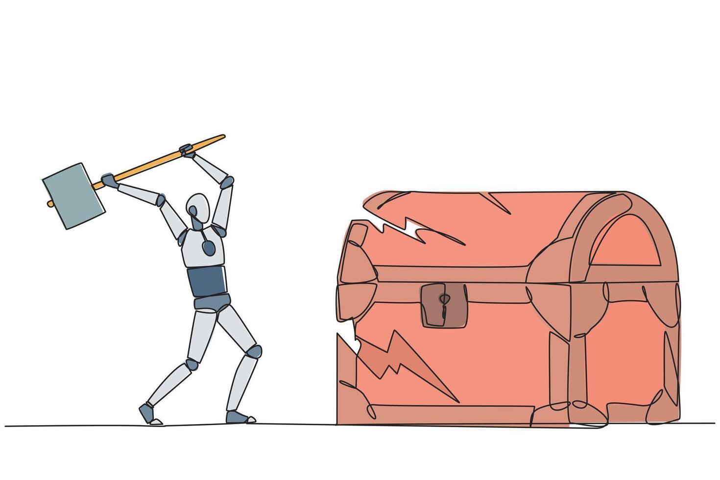 Continuous one line drawing smart robot preparing to hit big treasure chest. Rampage. Running out of capital. Steal. Doing dirty business. Not commendable. Single line draw design illustration vector