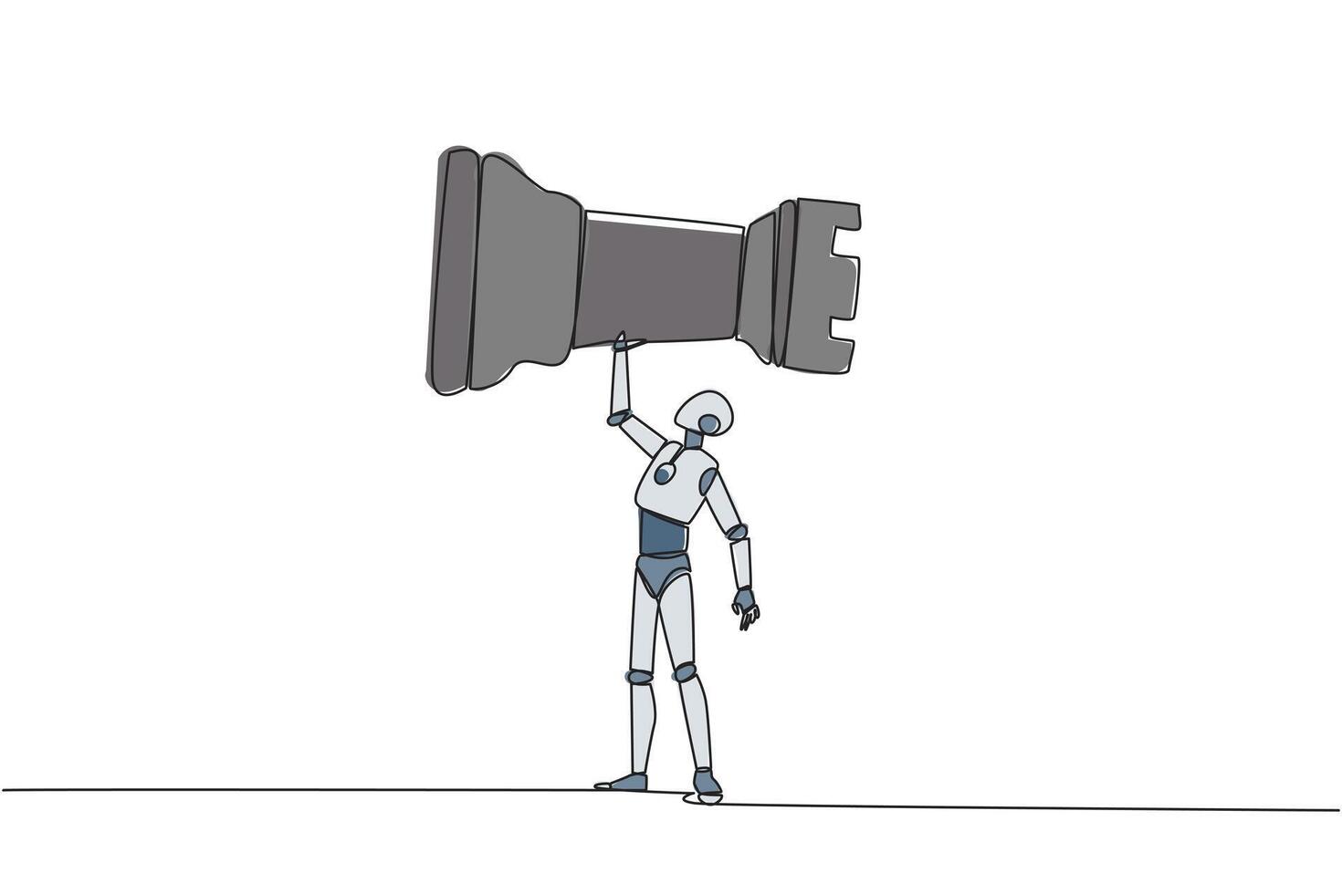 Single continuous line drawing robot smart technology holding, lifting rook chess piece. Successful entrepreneurship tactics or strategy, superiority in business. One line design illustration vector