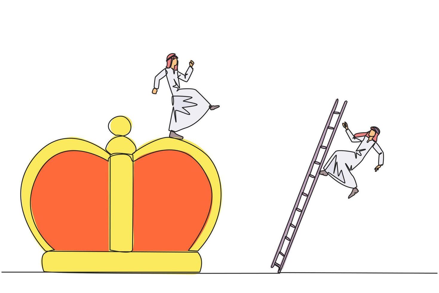 Continuous one line drawing Arab businessman kicks opponent who climbs the crown with ladder. Making rivals fall from business glory. Unhealthy competition. Single line draw design illustration vector